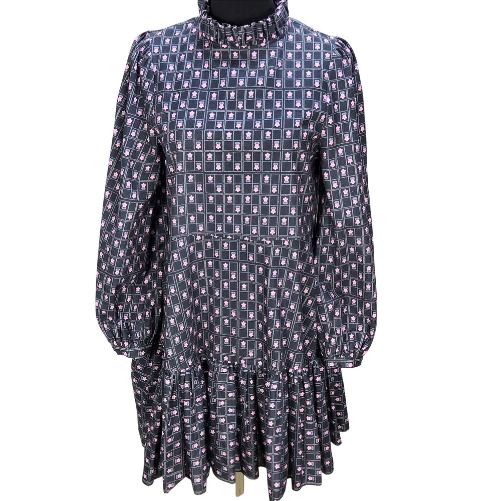 Women's Selkie XS Black Pink Floral Grid Ruffle Neck Puff Sleeve Tiered Mini